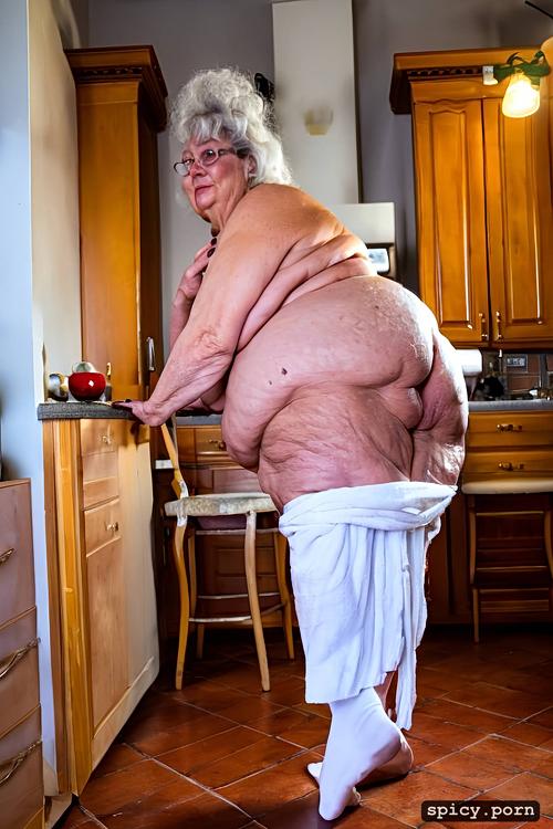 loose skin, nude, obese, wide open bathrobe, standing in kitchen