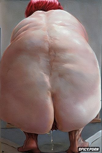 naked, pastel colors, good anatomy, hyperrealistic pregnant pissing muscular thighs red bobcut haircut tanned