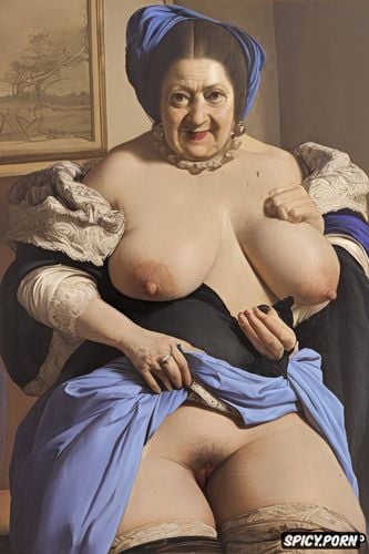 black lips, the very old fat grandmother has nude pussy under her skirt