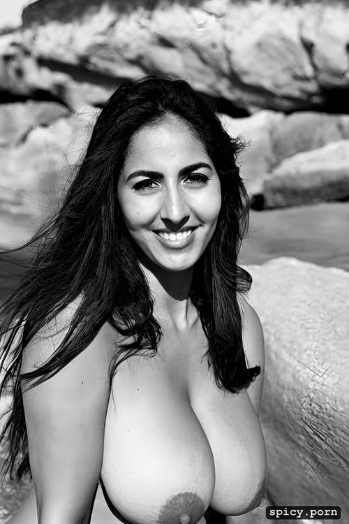 giant natural boobs, half view, 28 yo, rocky algarve beach, voluptuous spanish model