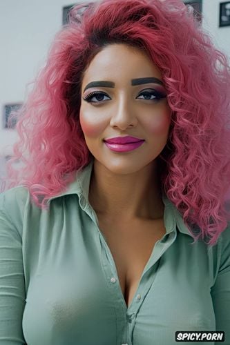 blouse, muscular body, pink hair, latina lady, curly hair, classroom