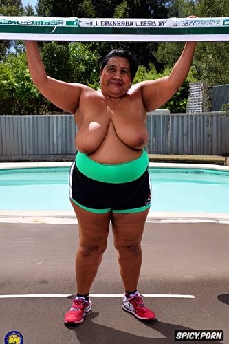 small shrink boobs, wearing light green tight long shorts that reaches boobs and covering the belly