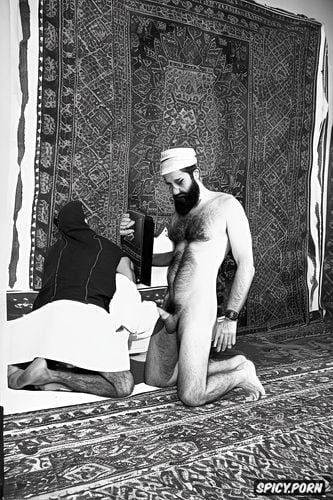 holding a book, kneeling, two old muslim imams, hard veiny erected penis