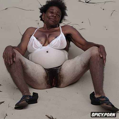 partialy nude, homeless ebony granny, squatting in a desert with legs apart