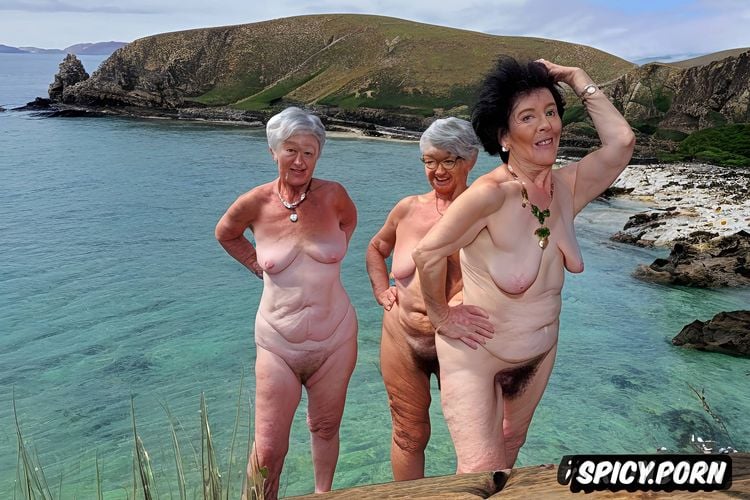 old irish granny, saggy, very hairy pussy detailed, realistic back ground sea shore