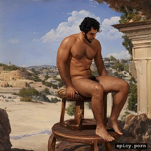 man, naked athletic arab man, hairy body, arms up, hairy, only male with black hair