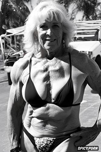in string bikini at bodybuilder compitition, very old and horny jewish bodybuilder cougar grandmother