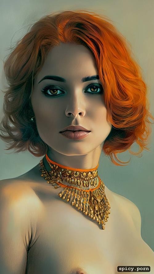 very shy, topless, detailed face, intricate short orange hair