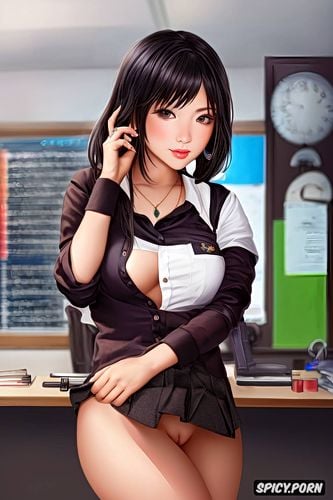school uniform, waist up, black stockings, necklace, black hair