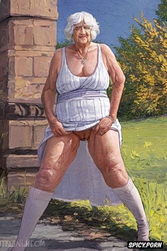shows her cunt, the very old fat grandmother skirt has nude pussy under her skirt
