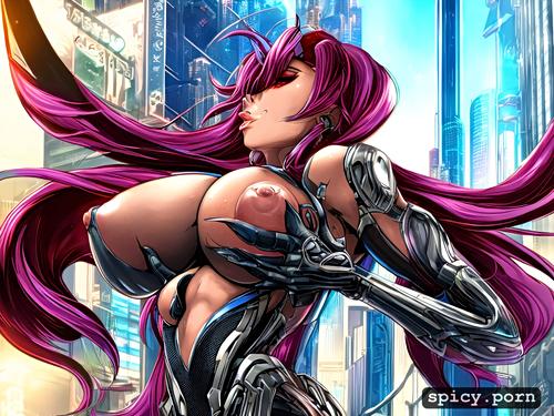 oiled body, style cyberpunk, anime, ultra detailed, 30, beautiful nude milf