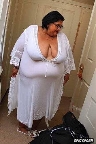 wearing a white sheer tight white night gown, an old fat saudi granny