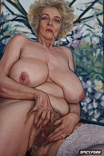 complete view, gaping asshole, pale blonde european granny spreading legs showing off dirty ass with hairy fat wide open vagina