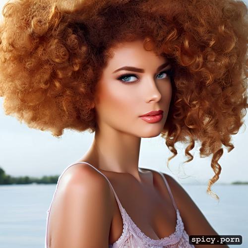 centered, lake, ginger hair, beautiful face, sharp focus, curly hair