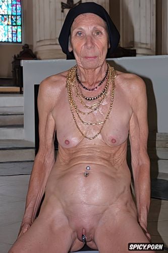 extremely skinny, angry, church, pierced nipples, extremely old grandmother