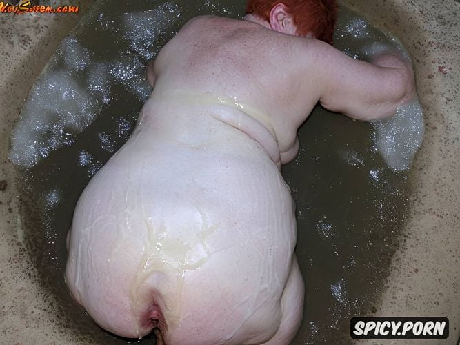 gross, in filthy piss filled bathtub, massive belly, huge nipples