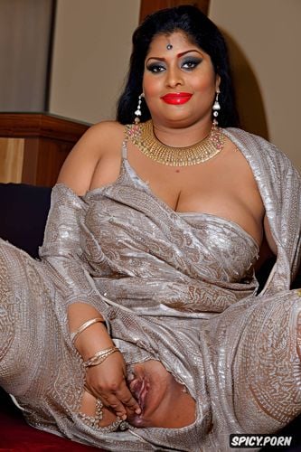 hrd ultra realistic k, legs wide open, sitting on couch, beautiful gorgeous voluptuous thick chubby indian woman raising saree and showing typical indian big shaved pussy