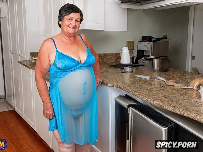 standing, big belly, kitchen, fat belly, granny, looking at viewer