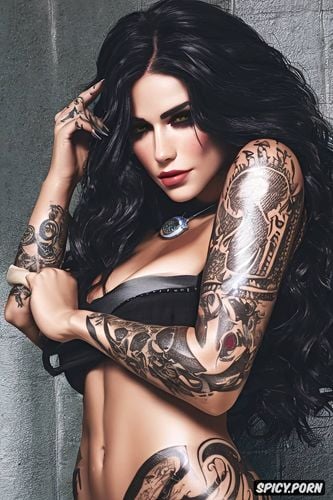 tattoos masterpiece, ultra detailed, yennefer of vengerberg the witcher beautiful face young full body shot