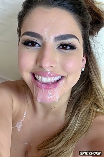 after a gangbang, real amateur selfie, sexy spanish teen girlfriend with cum on her face and hair and tits