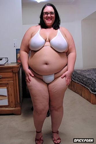 bikini, white chubby ssbbw woman, big round glasses, seductive smirk