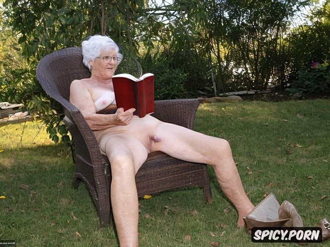 the man who is siting under her has a dick, totally naked granny is reading a novel while sitting on a dick