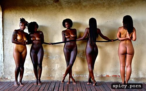 submissive females, african females, black females, sad, chained together