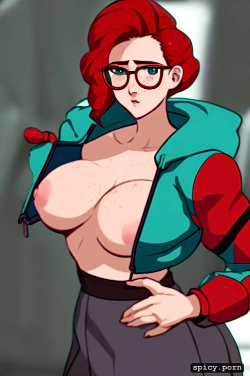 no nudity, white woman, red hair, short hair, small chest, round glasses