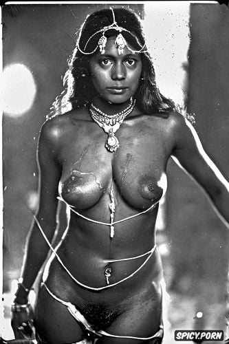 daguerreotype photo, younger teen dark skin indian beauty, bony collarbone and pelvis
