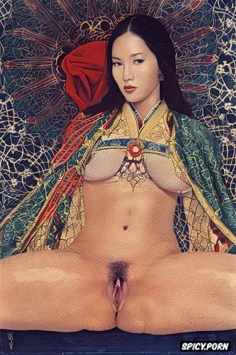wearing red tunic, thick thai woman, erect penis, masterpiece painting