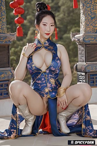 chinese hair pins, canon d, hanfu pulled up, black hair, fat thighs