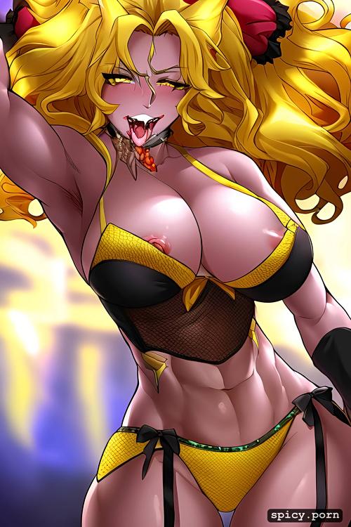 ahegao face, 35 years old, muscular body, exotic lady, yellow hair