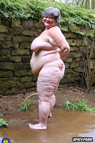 an old fat woman naked with obese ssbbw belly, short thick legs