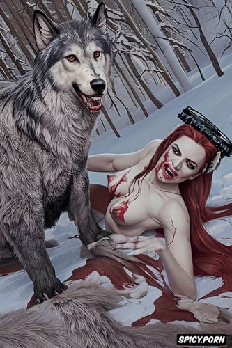 snarling, giant wolf attack, biting, gnarling, claws, pendulous breasts