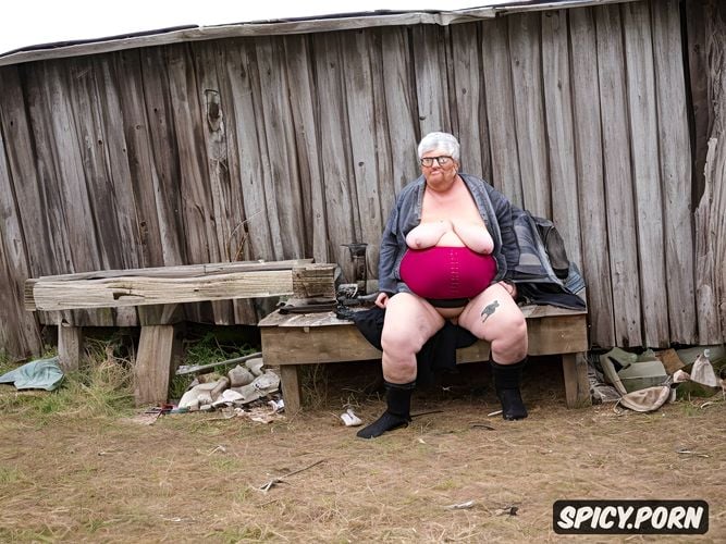 torn and dirty skirt, wrinkles on the face, great topless, fat homeless old woman