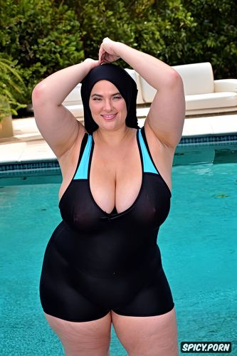 fat, see through, sweating armpit, raising her right hand, wet in the pool