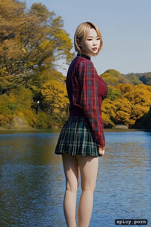 hot body, japanese woman, blonde hair, tall, full body, tartan mini skirt