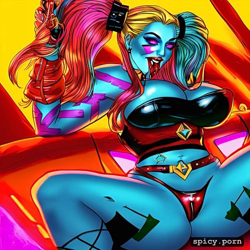 excessive cum on face and body, highres, harley quinn, retrowave background