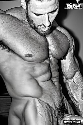 color photo massive bodybuilder, pumped up sculpted arms, penis with sperm discreet colors