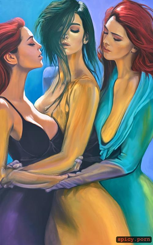 three lesbians, three, realistic, sensually hugging