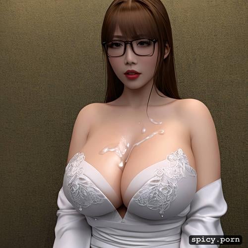 highres, covered in cum, busty natural japanese 20 years old wearing wedding dress with cum on face and boobs