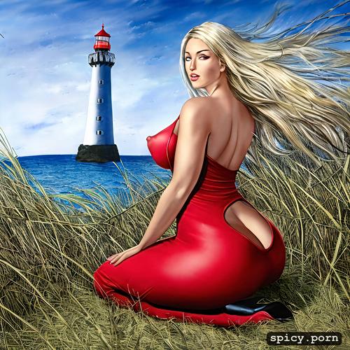 a gorgeous blonde female, a lighthouse hill on a beach, vivid