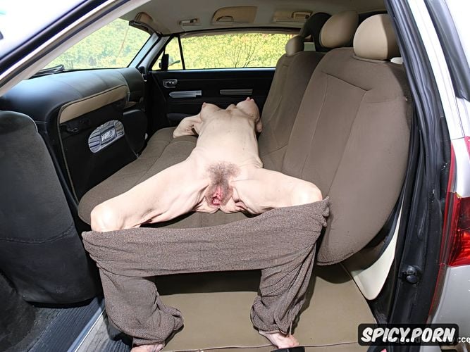 car back seat, laying on back, scrawny, saggy, ninety, dirty old woman
