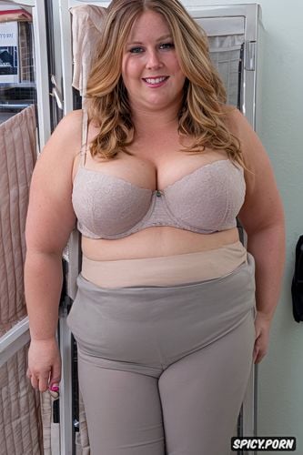 tight stretch pants, partially nude, obese wide hips, pussy