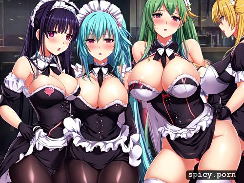 video game, group of whore, hatsune mikus, cleavage, maid cloth