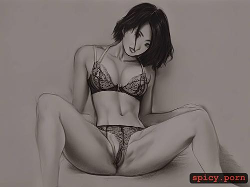 shy, charcoal sketch, pussy with short hair, intricate hair