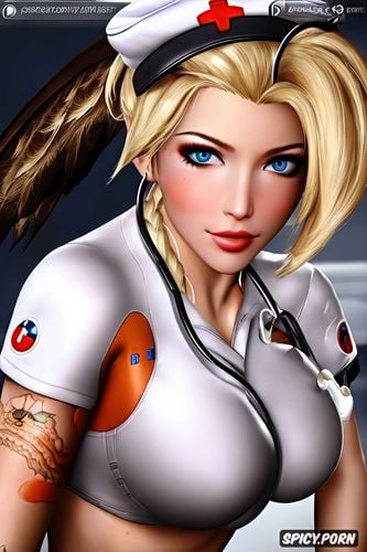 mercy overwatch beautiful face young full body shot, tattoos small perky tits naughty nurse costume masterpiece