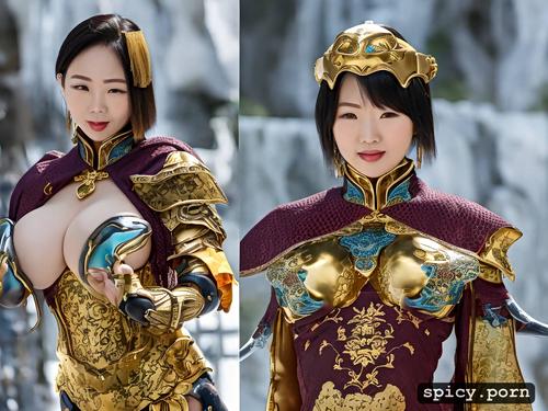 gold hair, short hair little boobs, chinese female, wearing armour