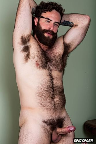 solo masculine hairy hipster guy with a big dick showing full body and perfect face beard showing hairy armpits indoors buff body brown hair