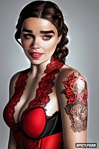 high resolution, k shot on canon dslr, tattoos masterpiece, emiliaclarke beautiful face young sexy low cut red lace lingerie